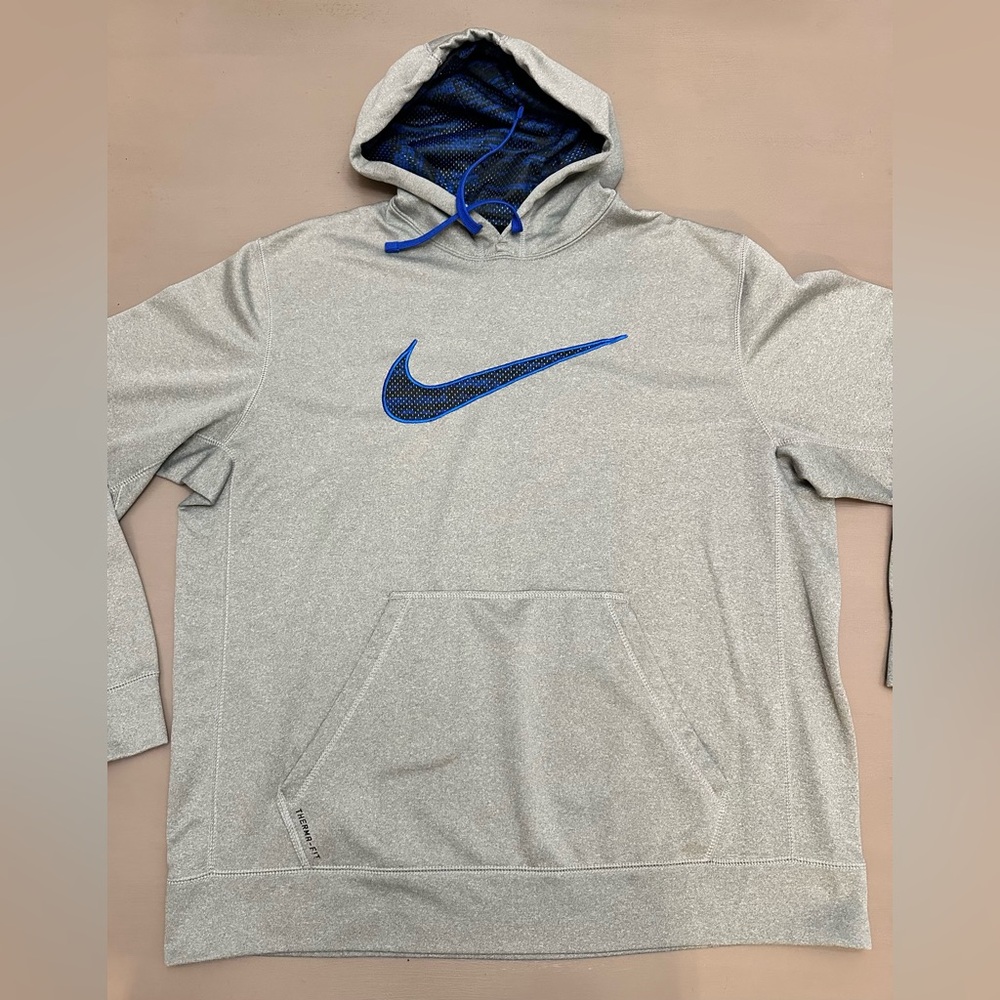 Nike Therma-FIT Hoodie Men's XL Gray Blue Swoosh Pullover Sweatshirt 657533-063